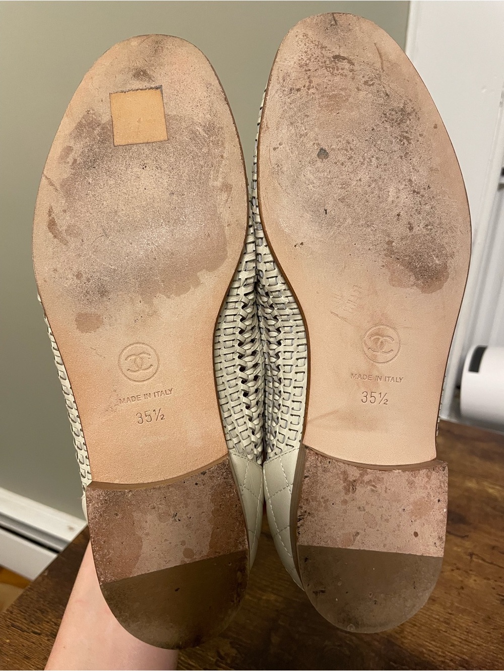 CHANEL Cream Woven Leather Women’s Loafers with Gold Logo - Picture 6 of 8